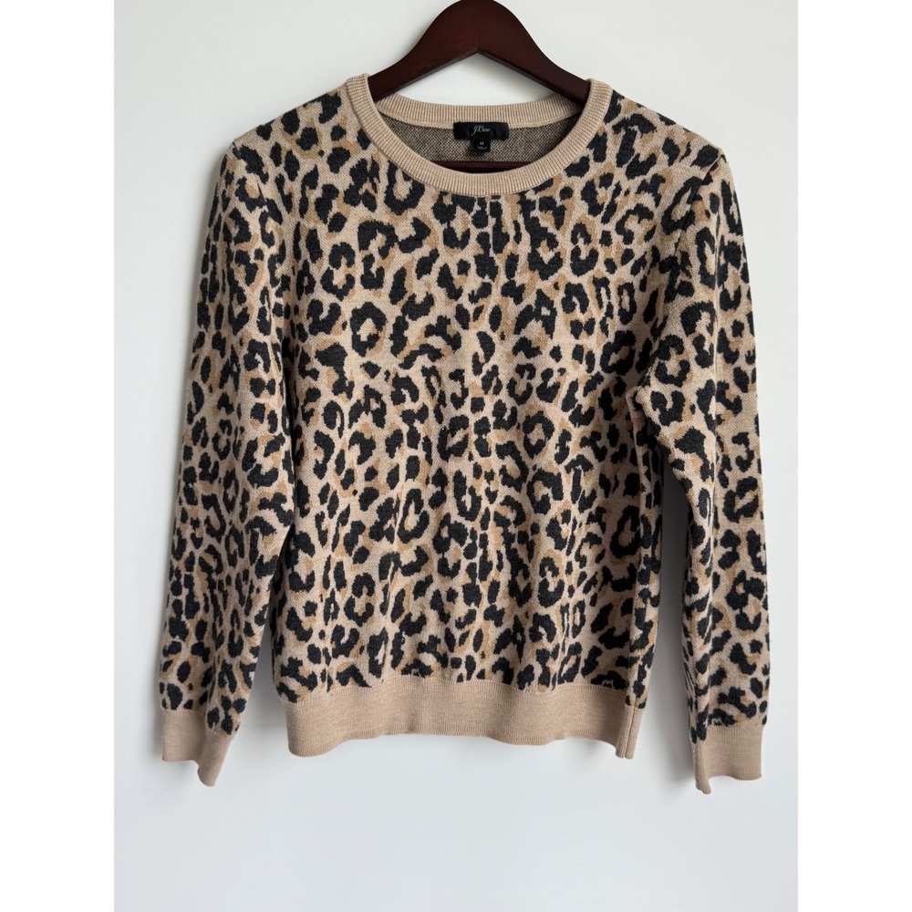 J.Crew Leopard Animal Print Merino Wool Crewneck Sweater Tan Brown Black Medium